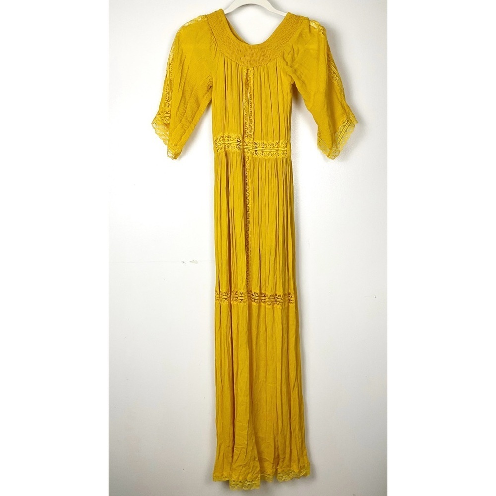 Boohoo Mustard Yellow Maxi Boho Summer Dress with Lace Trim - Size US 2 - Picture 2 of 8